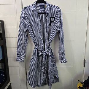 Polo Ralph Lauren Womens Belted Striped Patchwork Button Down Shirt Dress Sz 14